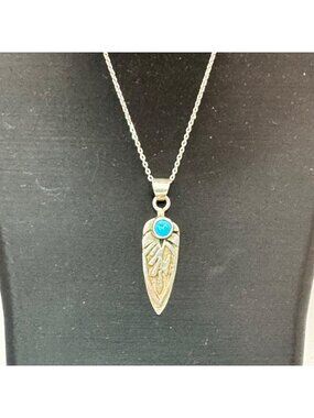 Ervin Hoskie Kingman Turquoise Feather Pendant w/ Sterling Silver Necklace 16”